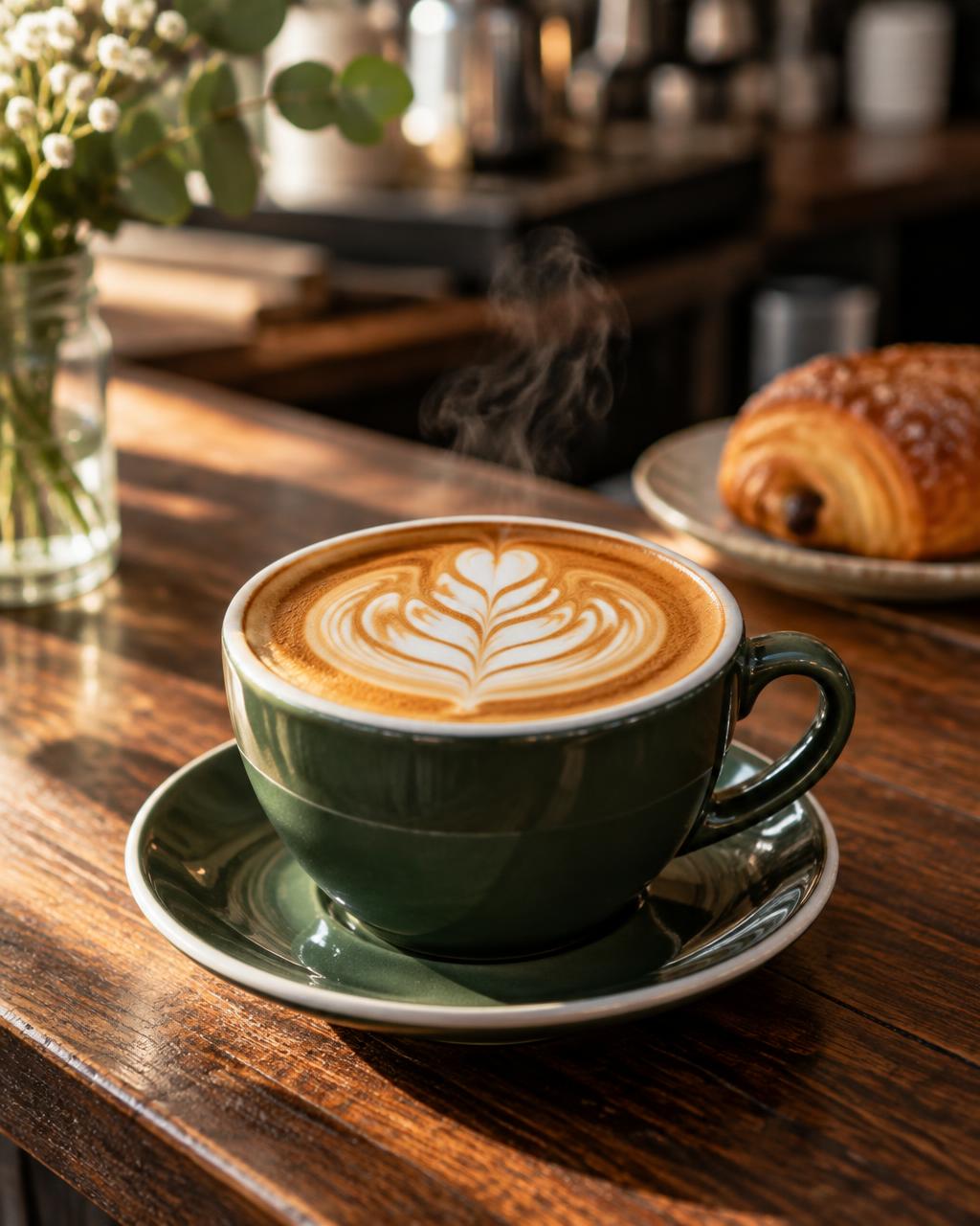 Fresh flat white with latte art and rising steam