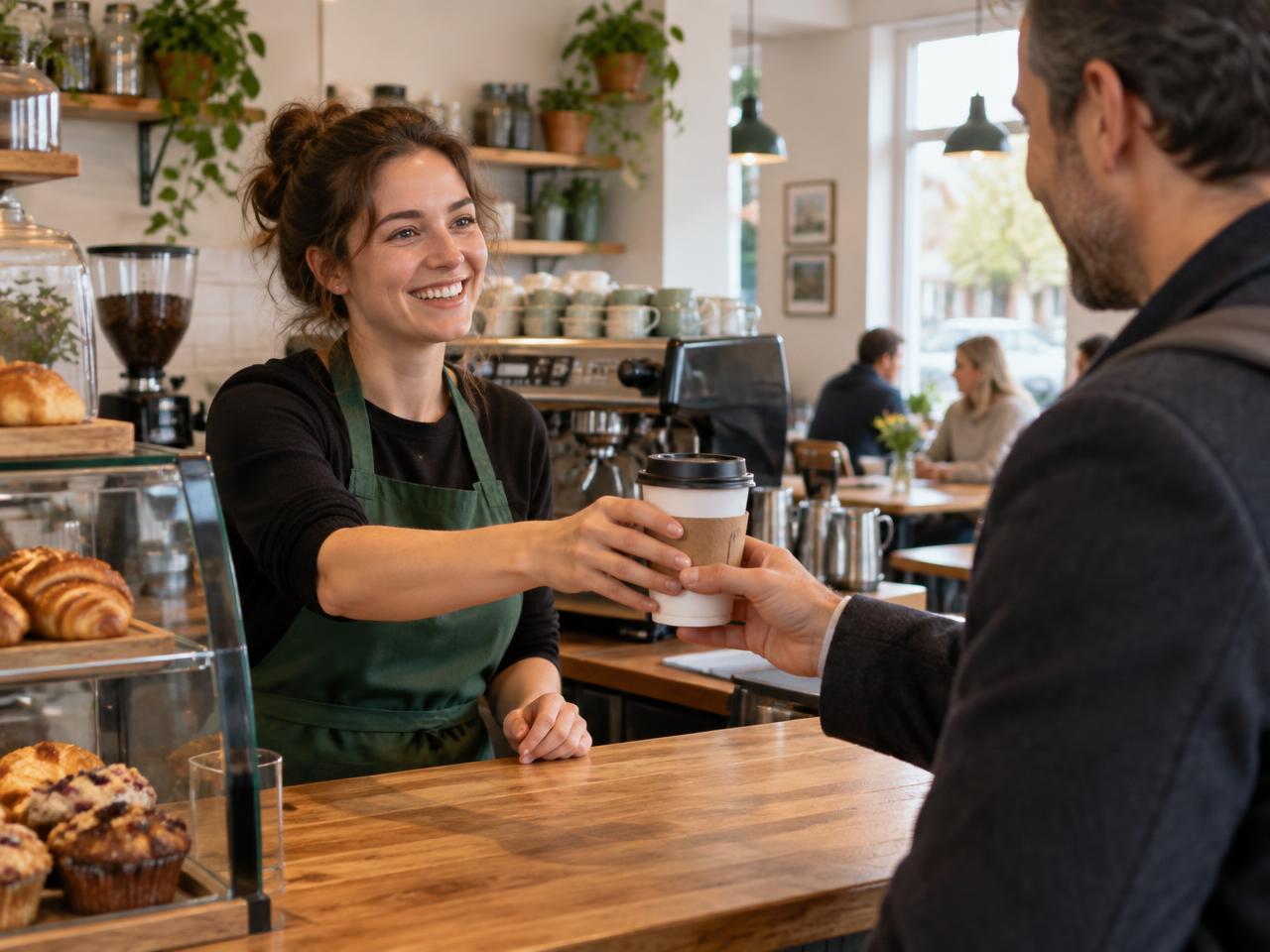 Friendly barista handing over a takeaway coffee