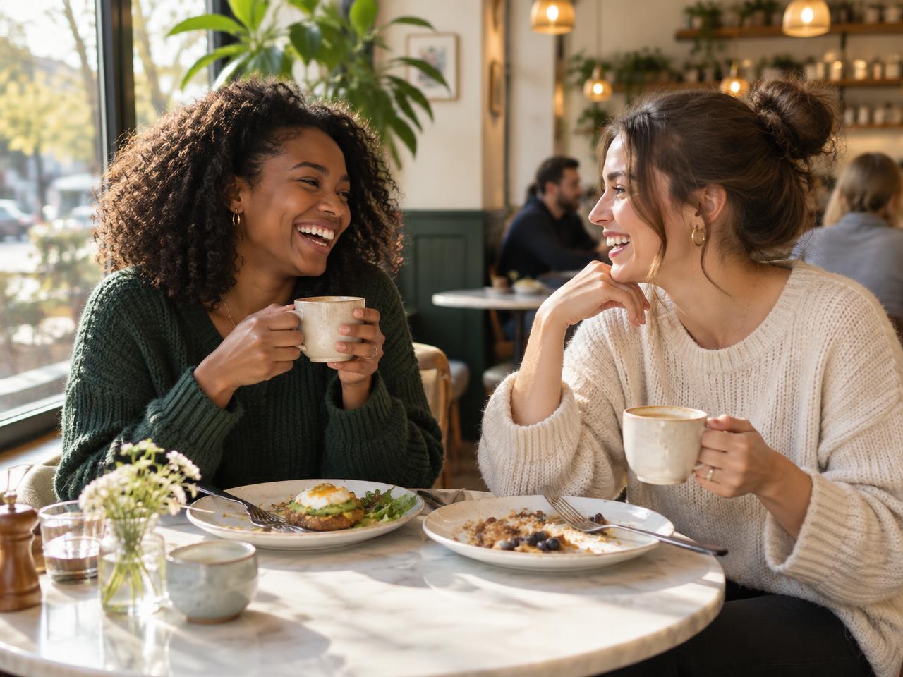 Friends enjoying breakfast and coffee