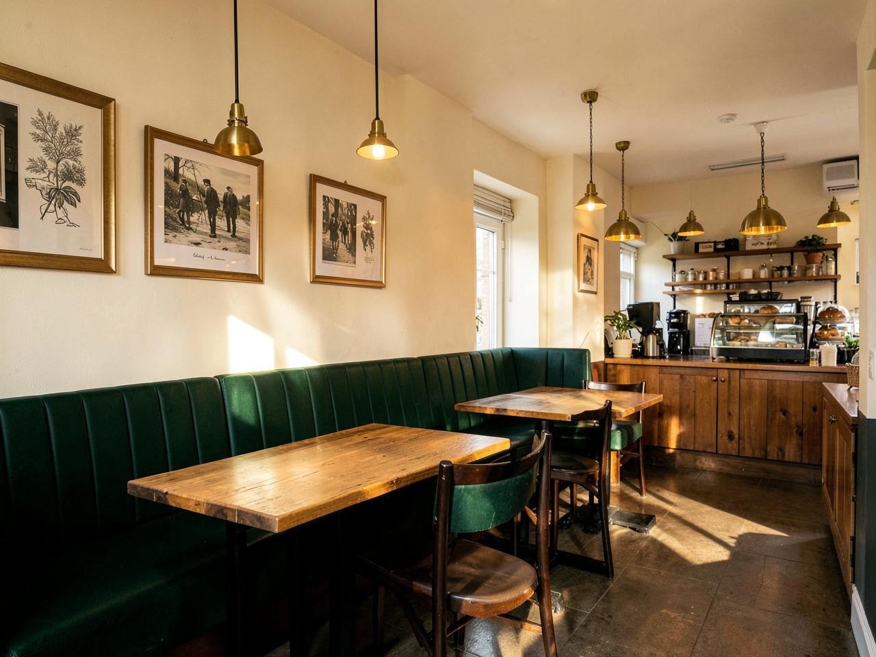 Warm green banquette and wooden tables inside the cafe